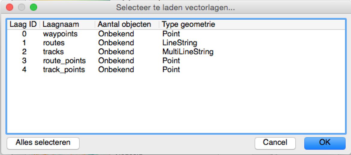 Selecteer de lagen die in QGIS moeten worden geladen